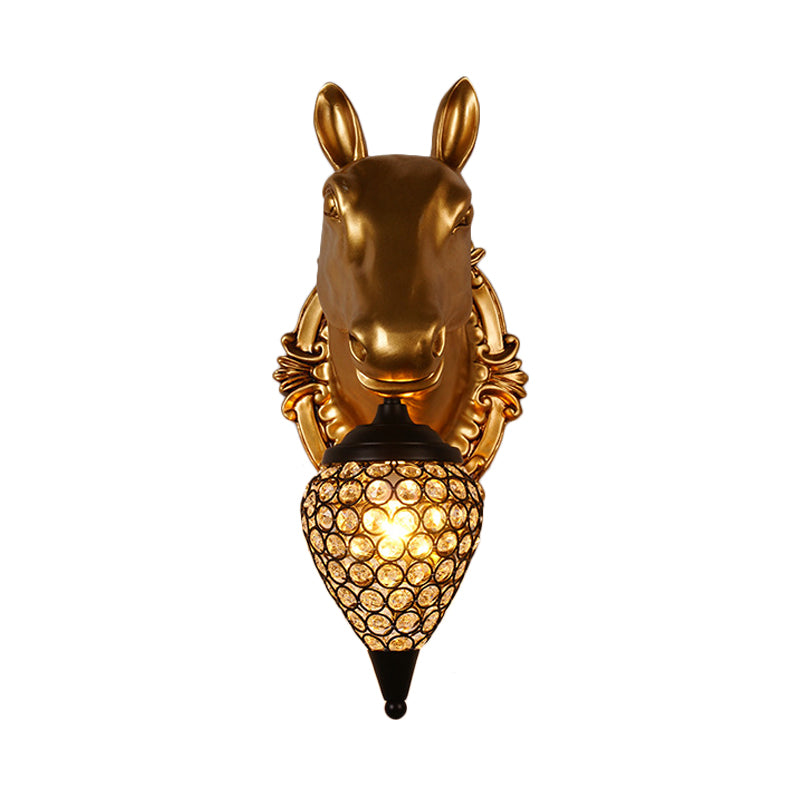 1 hoofd gefacetteerde kristallen wandmuur gemonteerd licht rustieke zwarte regendruppelbed sconce lamp met bruine paarden/hertenkop