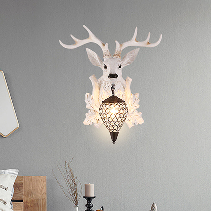 White Elk Wall Light Sconce Rural Resin 12"/20"/28" Wide Single Indoor Lighting Fixture with Drop Crystal Shade