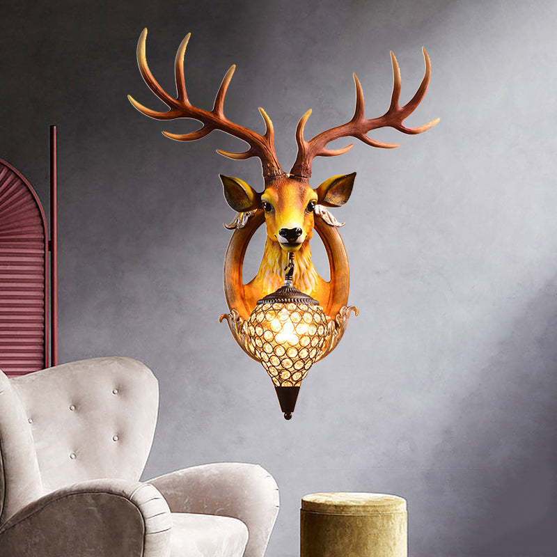 1-Light Clear Beveled Crystal Sconce Rural White/Brown/Black-White Waterdrop Bedroom Wall Lighting with Faux Elk Backplate, 16"/24" W