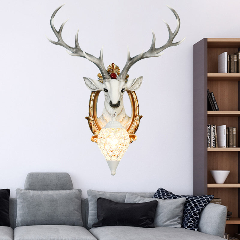 Single-Bulb Gridded Raindrop Sconce Countryside White/Yellow Crystal Wall Mounted Lamp with Resin Deer, 19.5"/24.5" Wide