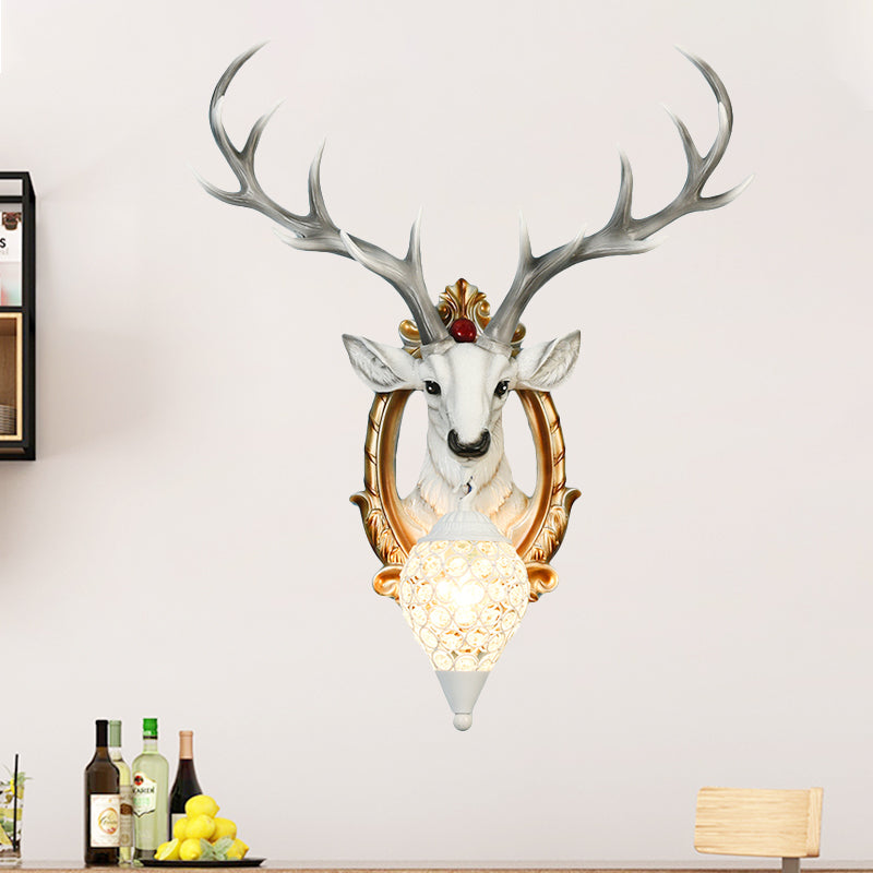 Single-Bulb Gridded Raindrop Sconce Countryside White/Yellow Crystal Wall Mounted Lamp with Resin Deer, 19.5"/24.5" Wide