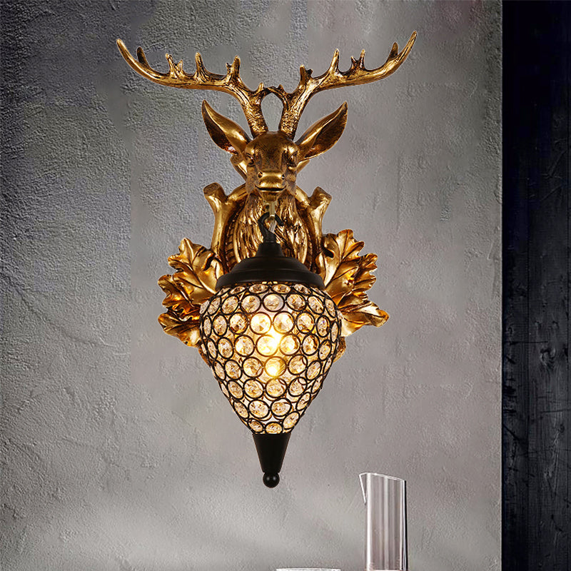 Brown / Gold 1 Bulbe Approche du luminaire Ferme Ferme Crystal Crystal incrusté Lampe de montage mural avec plaque arrière de la tête de wapiti, 12 "/19,5" de large