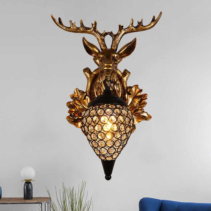 Brown / Gold 1 Bulbe Approche du luminaire Ferme Ferme Crystal Crystal incrusté Lampe de montage mural avec plaque arrière de la tête de wapiti, 12 "/19,5" de large