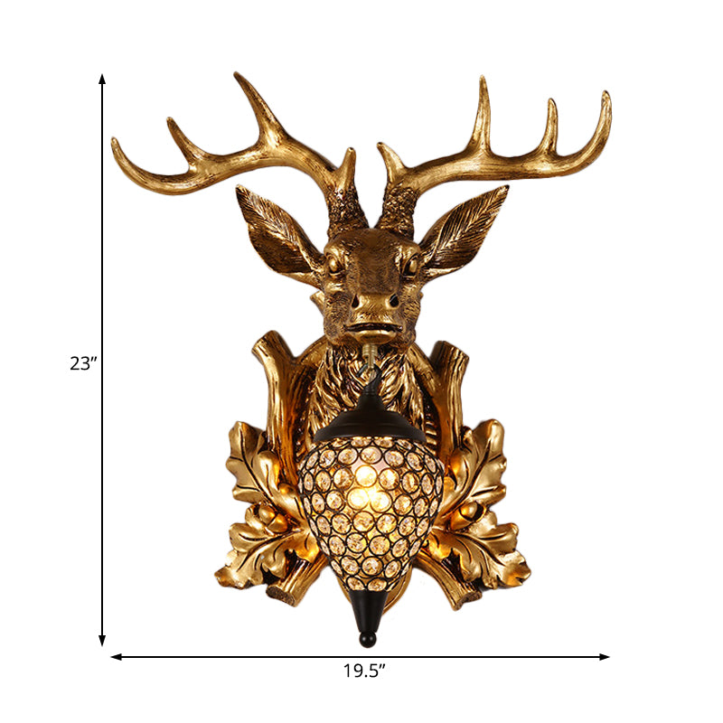Brown / Gold 1 Bulbe Approche du luminaire Ferme Ferme Crystal Crystal incrusté Lampe de montage mural avec plaque arrière de la tête de wapiti, 12 "/19,5" de large