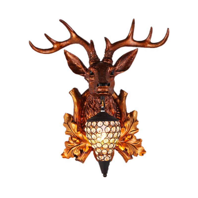 Brown / Gold 1 Bulbe Approche du luminaire Ferme Ferme Crystal Crystal incrusté Lampe de montage mural avec plaque arrière de la tête de wapiti, 12 "/19,5" de large