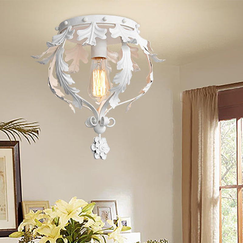 Single Inverted Leaf Crown Flush Light Rustic Grey/White/Gold Metal Ceiling Mounted Lamp for Corridor