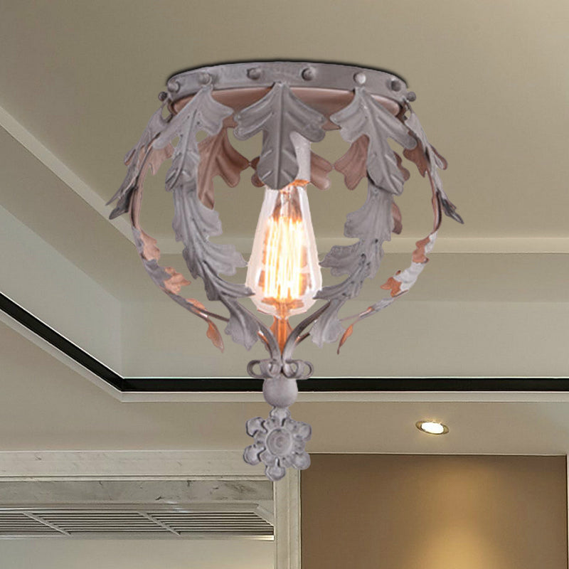 Single Inverted Leaf Crown Flush Light Rustic Grey/White/Gold Metal Ceiling Mounted Lamp for Corridor