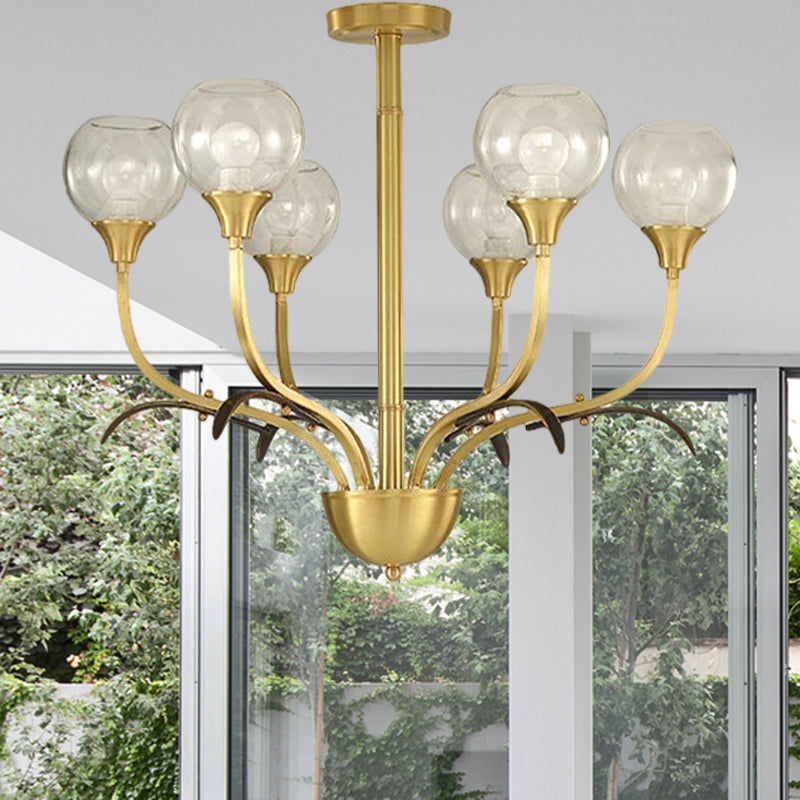 Ball Clear Glass Flushmount Lighting Vintage 3/6 Heads Sitting Room Semi Flush Chandelier in Brass