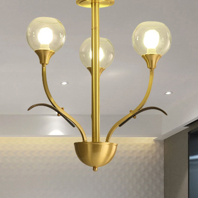 Ball Clear Glass Flushmount Lighting Vintage 3/6 Heads Sitting Room Semi Flush Chandelier in Brass