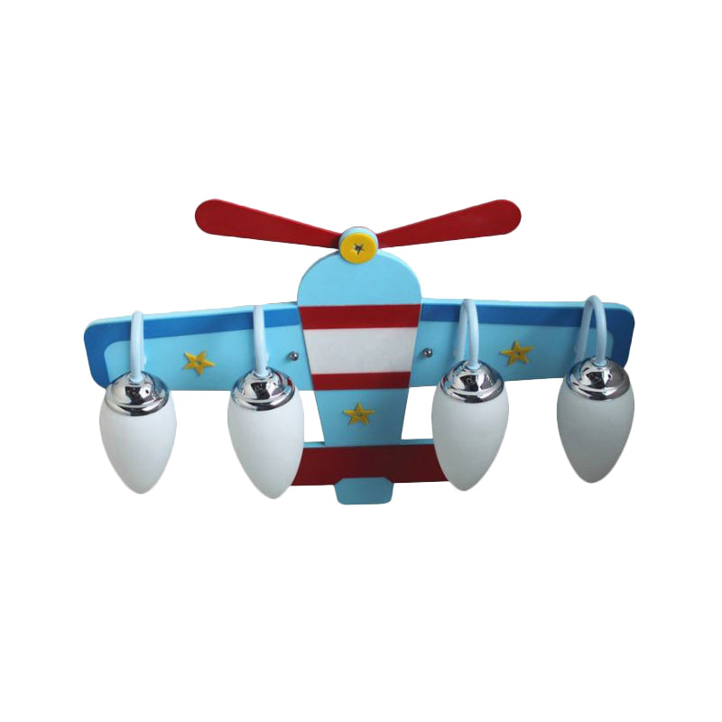 Aircraft Ceiling Mounted Lamp Cartoon Milk Glass 4 Bulbs Blue Flush Mount Lighting Fixture