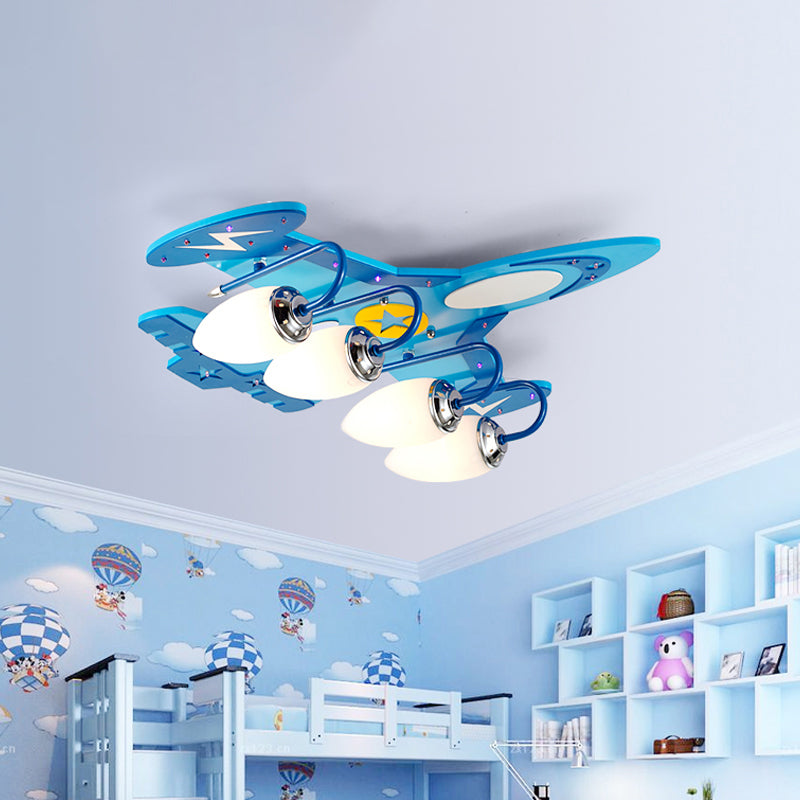 Iluminación de techo empotrada para dormitorio de 4 cabezales de madera con luz empotrada de avión a reacción para niños en azul con pantalla de cristal de leche ovalada