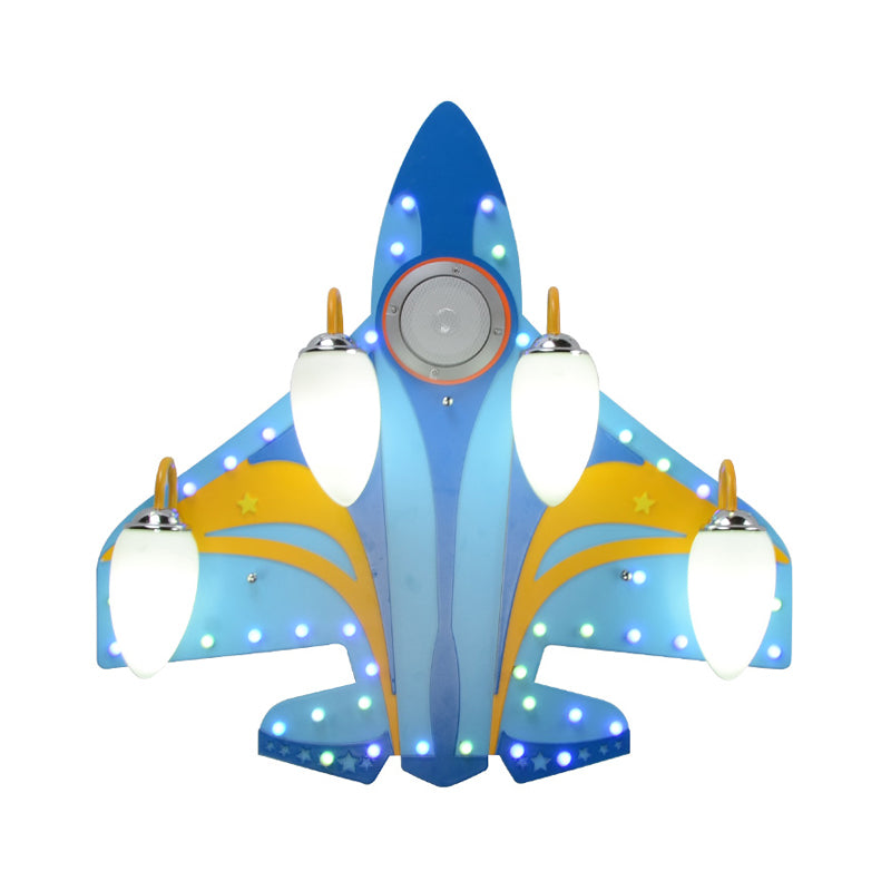 Jet Close to Ceiling Lighting Fixture Cartoon Wooden 4 Heads Bedroom Flush Light in Blue