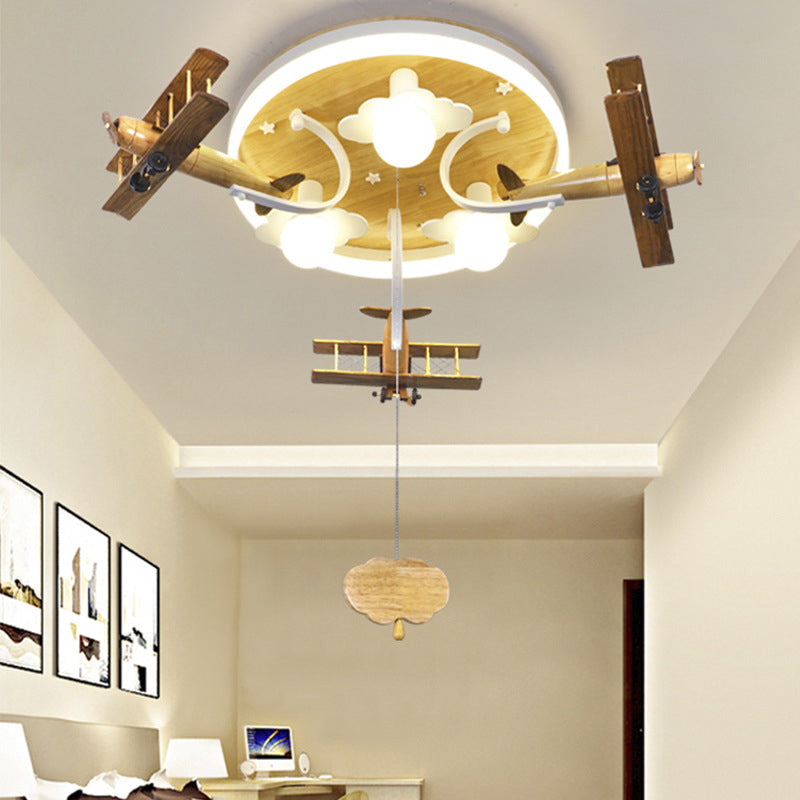 Yellow Cloud and Plane Flushmount Novelty Kids Style 3-Light Wood Ceiling Flush Light with Pulling Chain