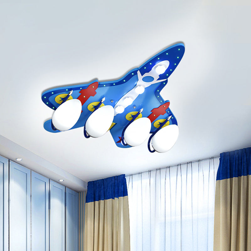 Cartoon 4 Bulbs Flush Ceiling Light Blue Jet Flushmount Lighting with White Glass Shade