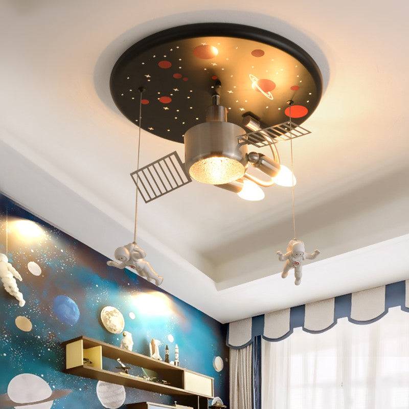 Black Space Satellite Flush Light Kid 16"/22" Wide 2 Lights Resin Spacemen Sculpture Ceiling Fixture