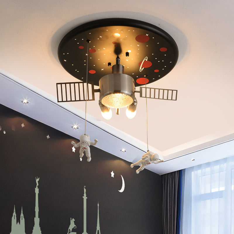 Black Space Satellite Flush Light Kid 16"/22" Wide 2 Lights Resin Spacemen Sculpture Ceiling Fixture