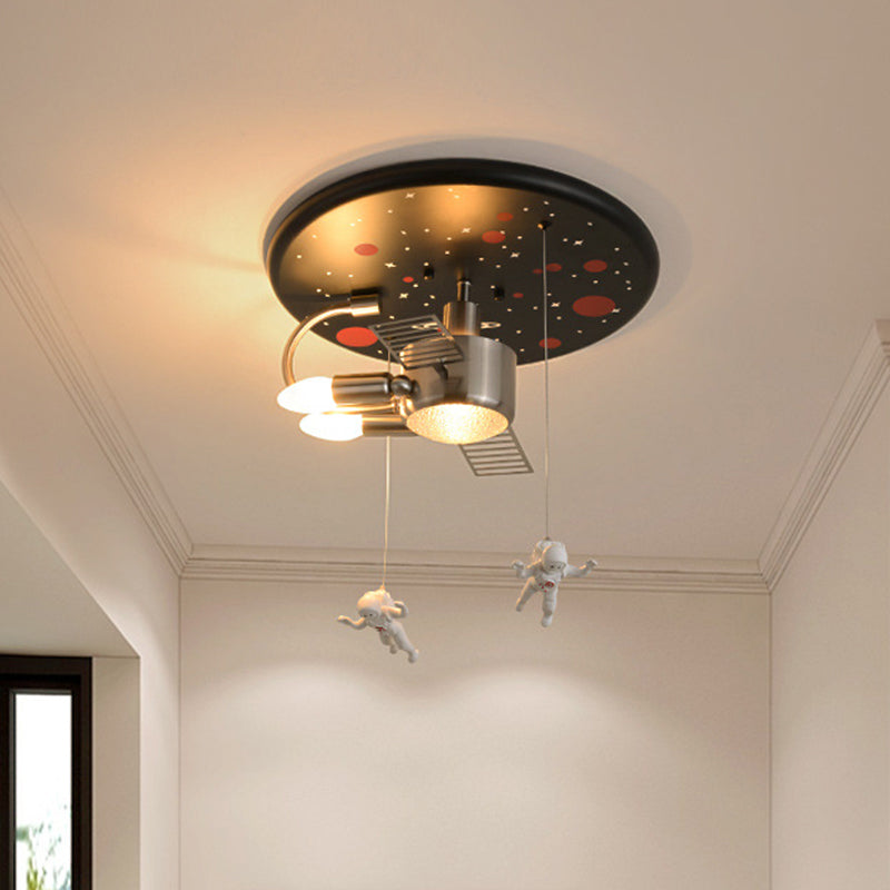 Black Space Satellite Flush Light Kid 16"/22" Wide 2 Lights Resin Spacemen Sculpture Ceiling Fixture
