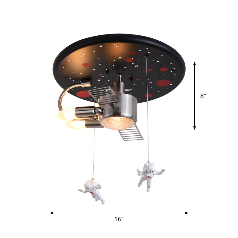 Black Space Satellite Flush Light Kid 16"/22" Wide 2 Lights Resin Spacemen Sculpture Ceiling Fixture