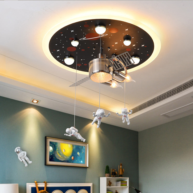 Black Space Satellite Flush Light Kid 16"/22" Wide 2 Lights Resin Spacemen Sculpture Ceiling Fixture