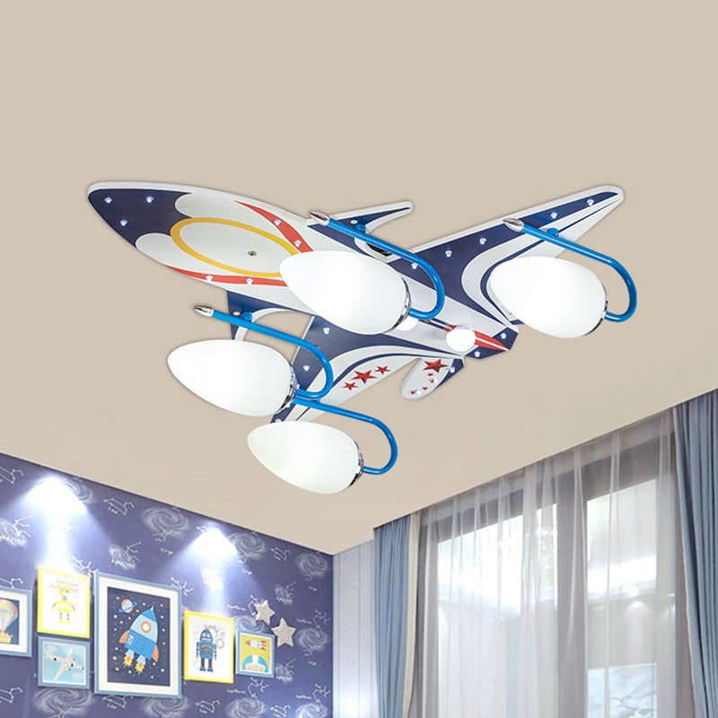 White Aircraft Flush Mount Fixture Kids 4-Head Wooden Ceiling Lighting with Oval Ivory Glass Shade
