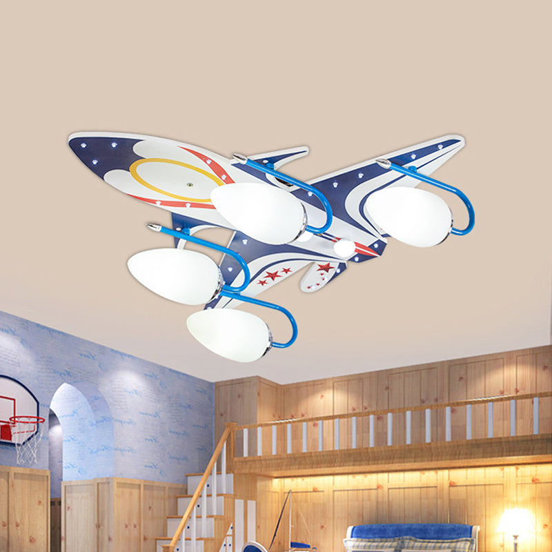 White Aircraft Flush Mount Fixture Kids 4-Head Wooden Ceiling Lighting with Oval Ivory Glass Shade