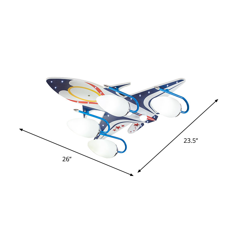 White Aircraft Flush Mount Fixture Kids 4-Head Wooden Ceiling Lighting with Oval Ivory Glass Shade