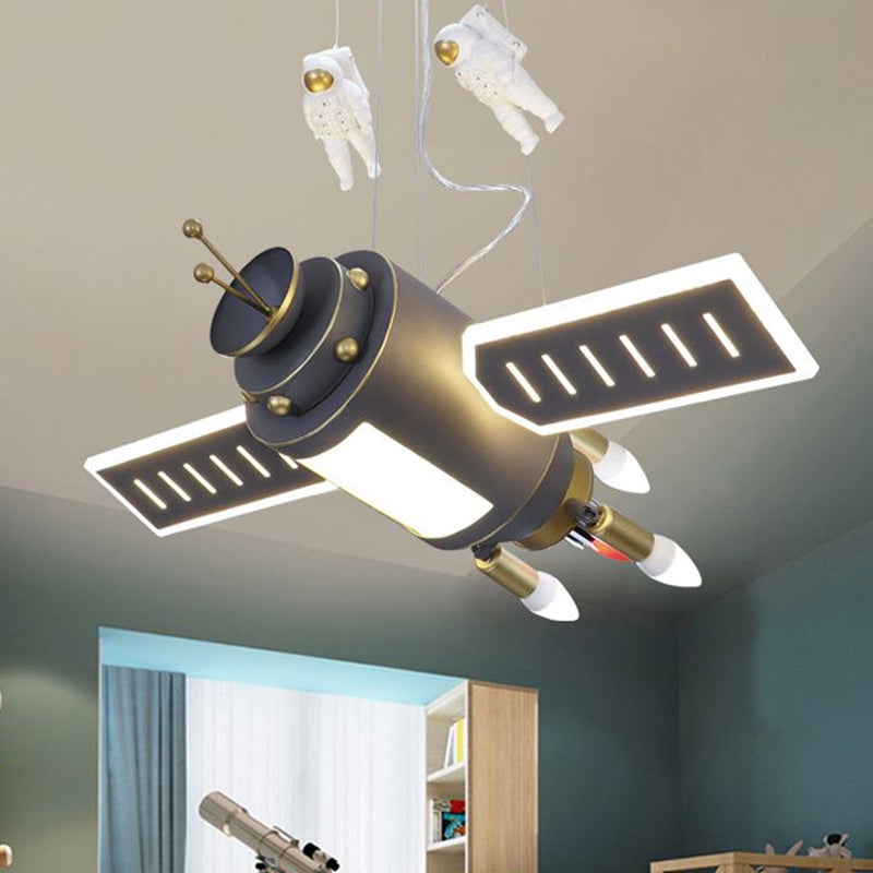 Space Satellite Astronaute Pendant lampe Enfants Résine Gris foncé LED Chandelier Light pour la chambre
