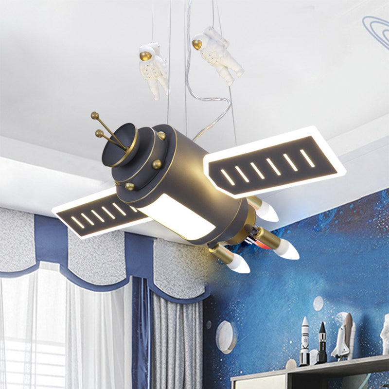 Space Satellite Astronaute Pendant lampe Enfants Résine Gris foncé LED Chandelier Light pour la chambre