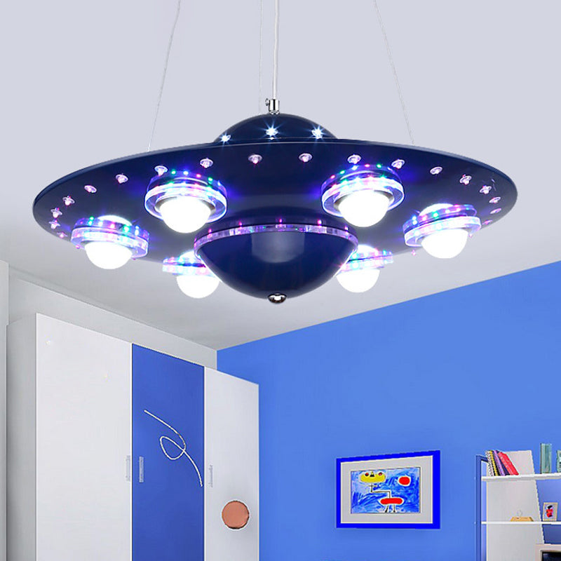 Il piattino volante in metallo appeso il lampadario cartone animato integrato a sospensione Luce a soffitto in argento/blu scuro