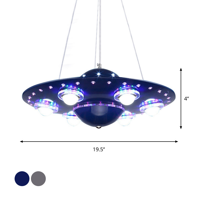 Il piattino volante in metallo appeso il lampadario cartone animato integrato a sospensione Luce a soffitto in argento/blu scuro