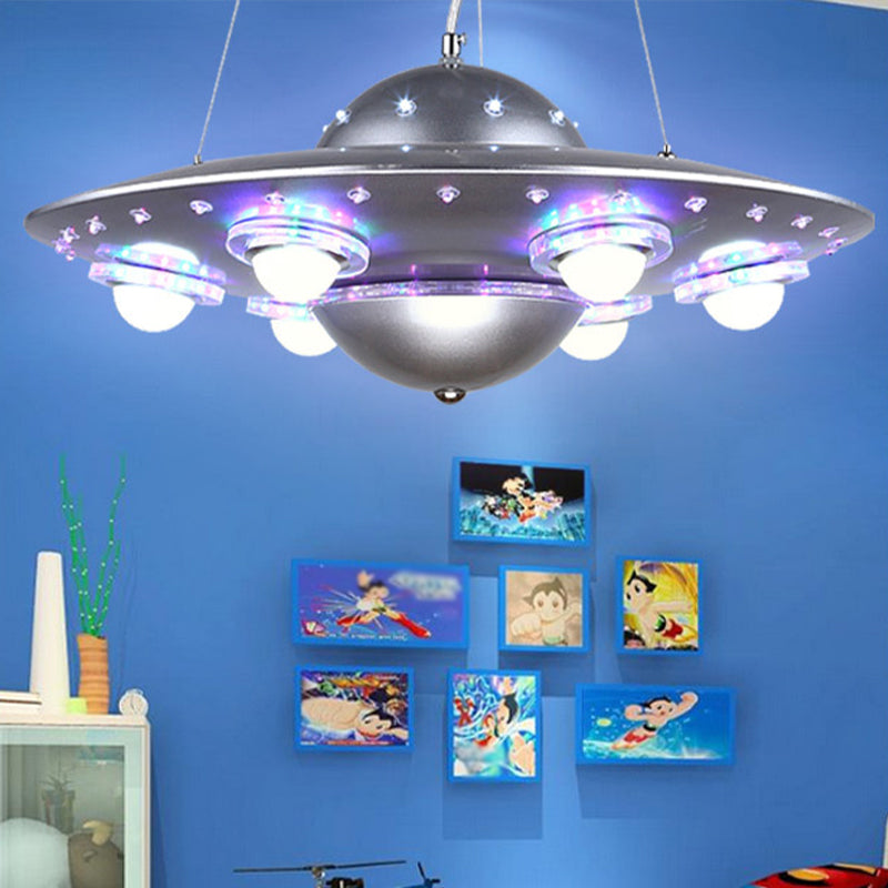 Il piattino volante in metallo appeso il lampadario cartone animato integrato a sospensione Luce a soffitto in argento/blu scuro