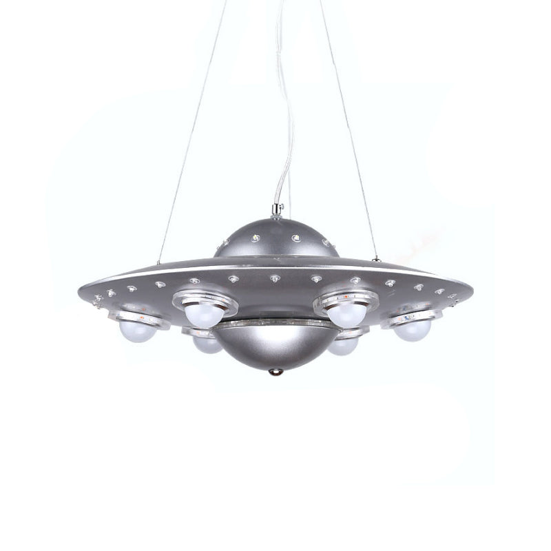 Il piattino volante in metallo appeso il lampadario cartone animato integrato a sospensione Luce a soffitto in argento/blu scuro
