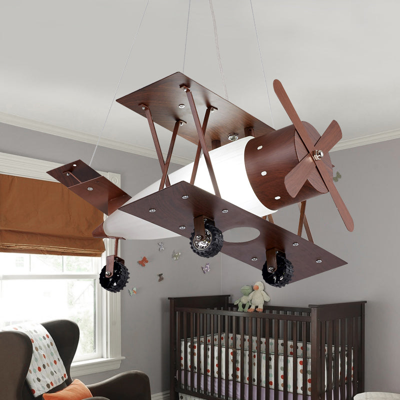 Kids Single-Blue Chandelier Coffee Finish Biplane Ceiling Suspension Lamp with Opal Glass Shade
