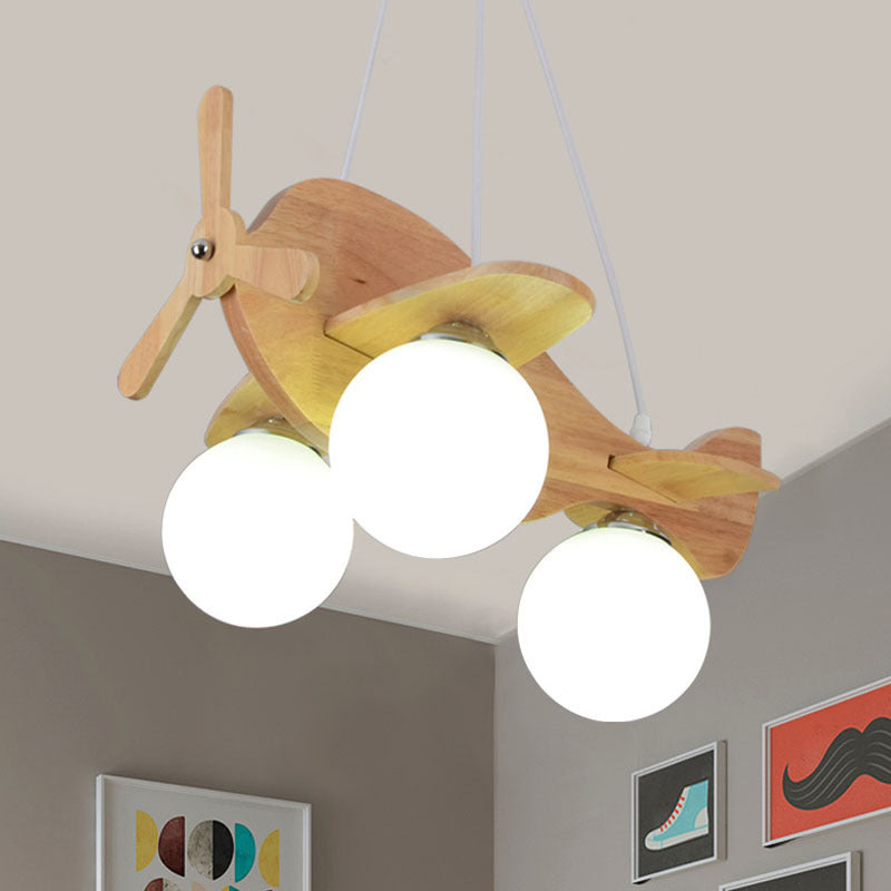 Creative Kids 3-Light Hanging Lamp Wood Plane Shaped Chandelier with Ball White Glass Shade