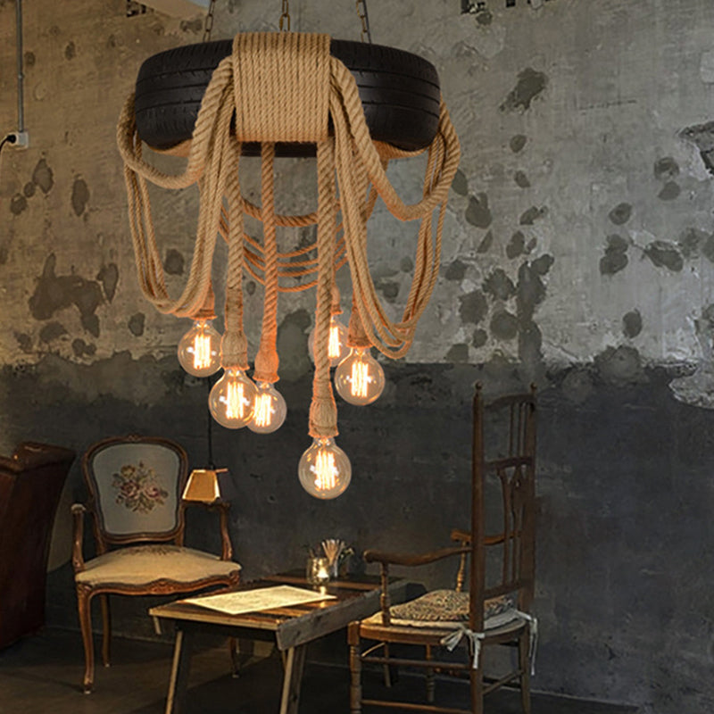 Rubber Tyre Down Lighting Warehouse 6 Lights Snack Bar Chandelier in Pink/Green/Brown with Rope Cord