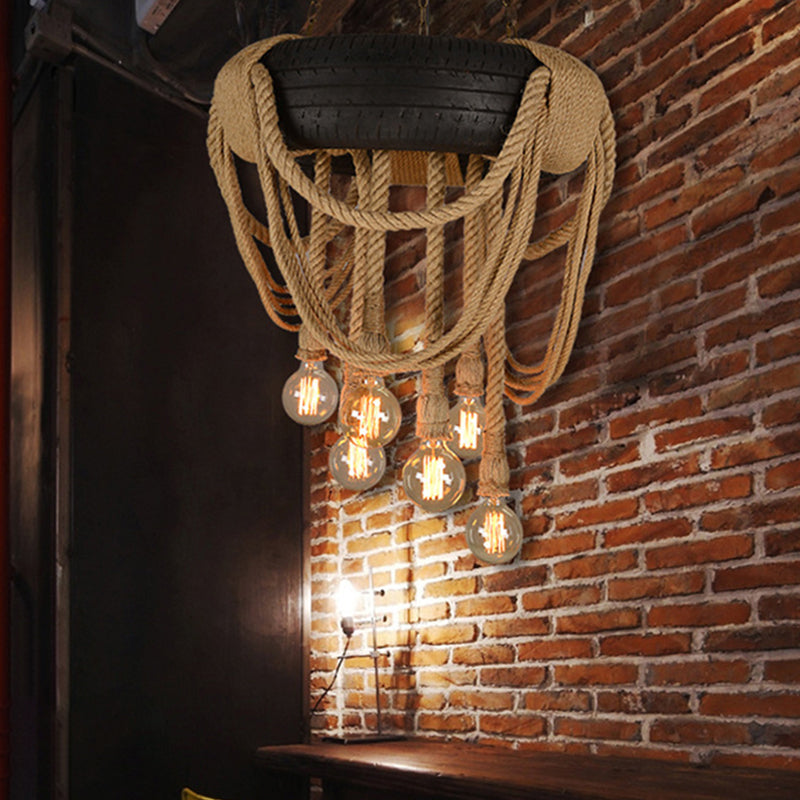 Rubber Tyre Down Lighting Warehouse 6 Lights Snack Bar Chandelier in Pink/Green/Brown with Rope Cord