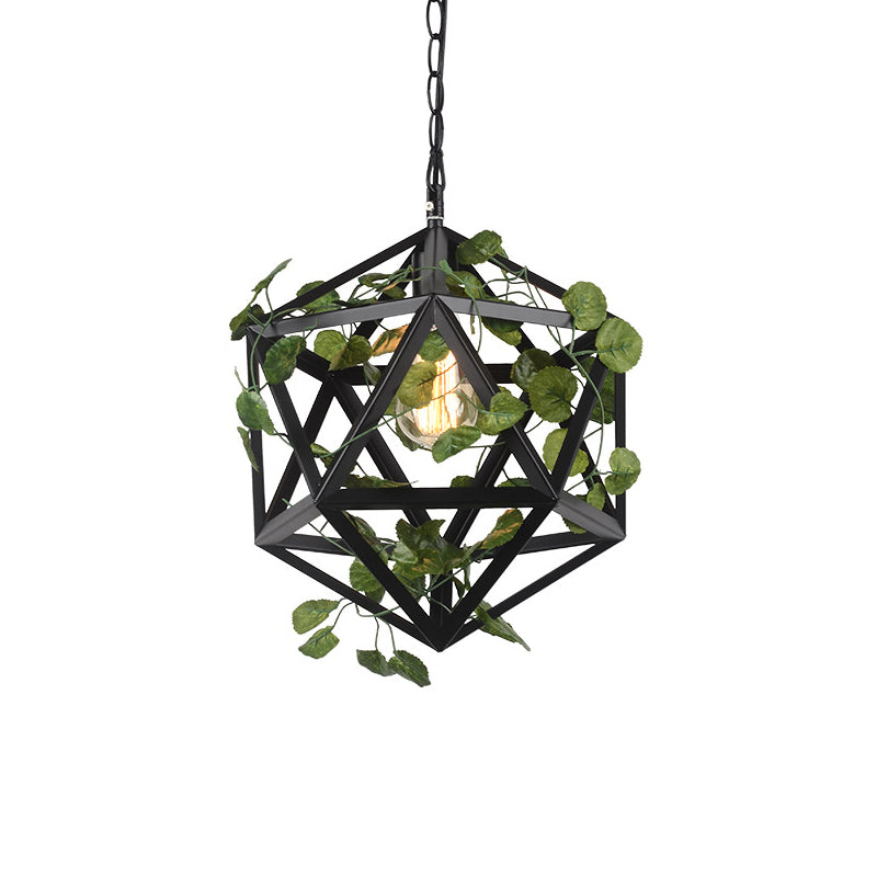 Metal Geometric Pendulum Light Industrial 1 Bulb Restaurant Ceiling Pendant in Black with Fake Vine