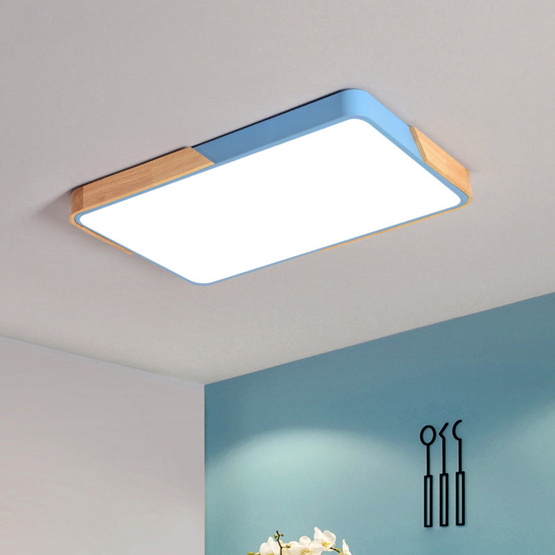 Square/Rectangular Bedroom Ceiling Lamp Acrylic Nordic LED Flush Mounted Lighting in White/Blue/Black with Wood Guard, 12"/16"/25" W