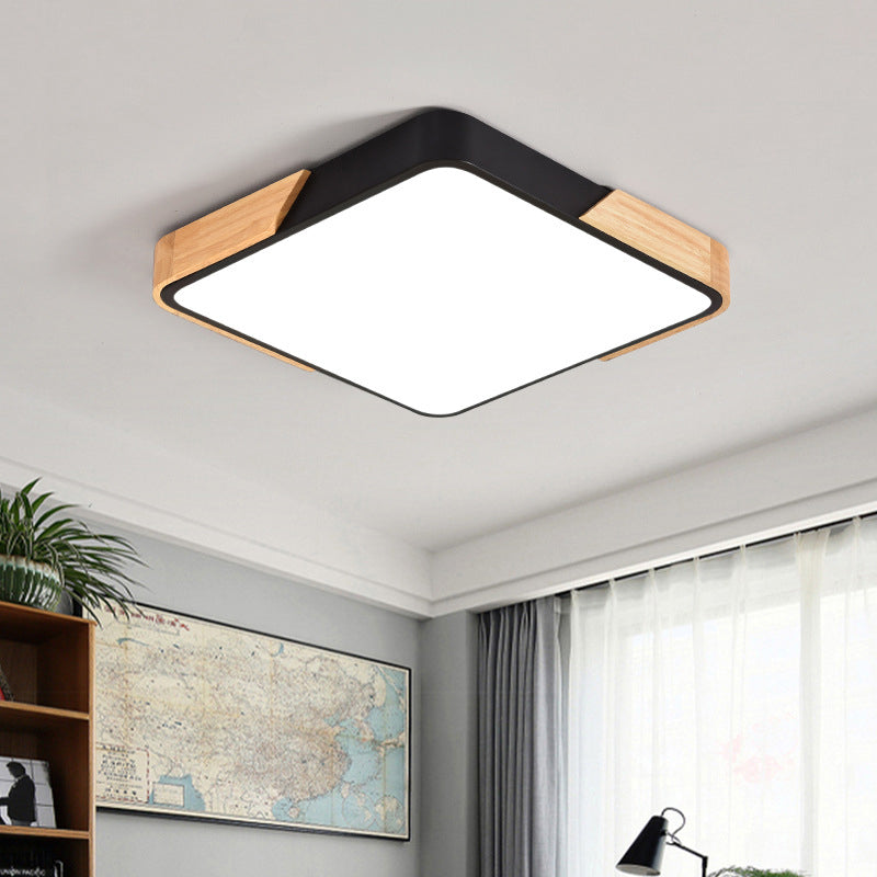 Square/Rectangular Bedroom Ceiling Lamp Acrylic Nordic LED Flush Mounted Lighting in White/Blue/Black with Wood Guard, 12"/16"/25" W