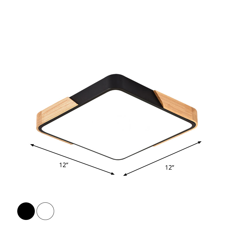 Square/Rectangular Bedroom Ceiling Lamp Acrylic Nordic LED Flush Mounted Lighting in White/Blue/Black with Wood Guard, 12"/16"/25" W