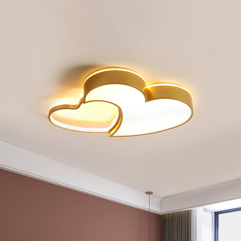 Double-Heart Kids Room Flush Light Acrylic Macaron Surface Mounted LED Ceiling Lamp in Pink/Blue/Gold, 21.5"/25.5" Wide