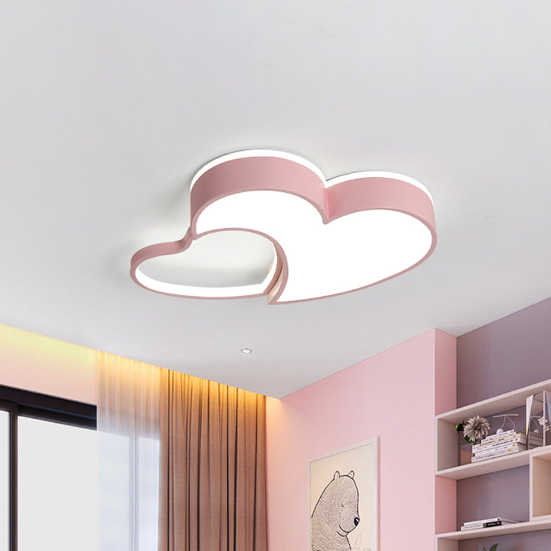 Double-Heart Kids Room Flush Light Acrylic Macaron Surface Mounted LED Ceiling Lamp in Pink/Blue/Gold, 21.5"/25.5" Wide