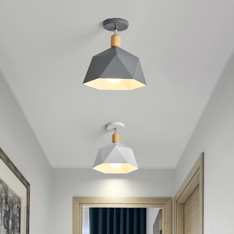 Polygon Corridor Semi Flush Light Metallic 1 Bulb Macaron Rotating Ceiling Mount Lamp in Green/Grey/White with Wood Accent