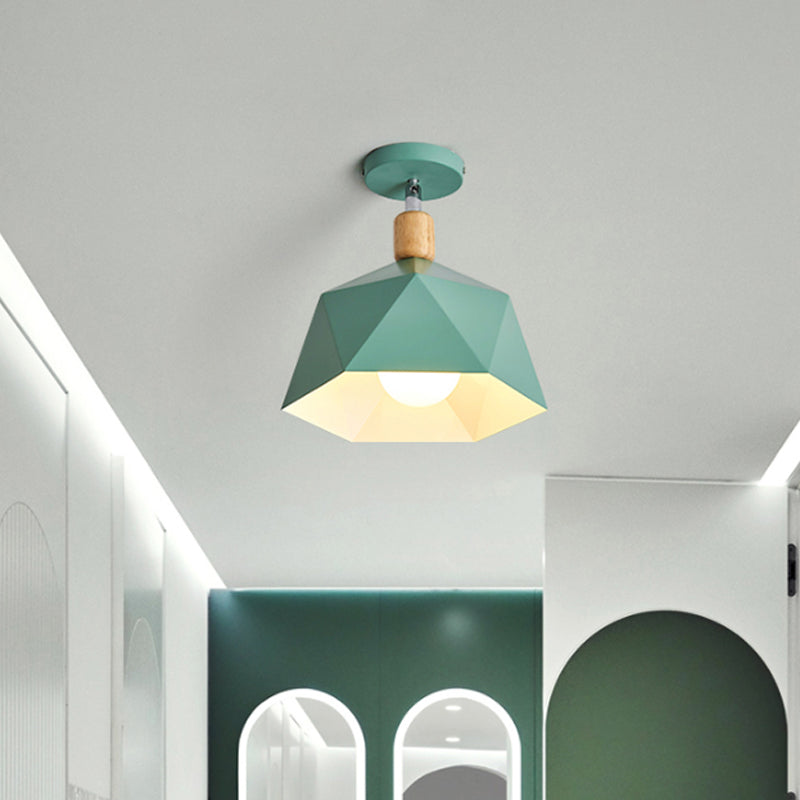 Polygon Corridor Semi Flush Light Metallic 1 Bulb Macaron Rotating Ceiling Mount Lamp in Green/Grey/White with Wood Accent