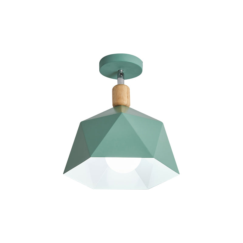Polygon Corridor Semi Flush Light Metallic 1 Bulb Macaron Rotating Ceiling Mount Lamp in Green/Grey/White with Wood Accent