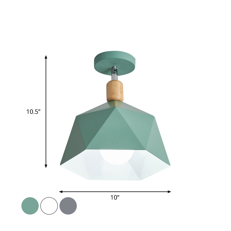 Polygon Corridor Semi Flush Light Metallic 1 Bulb Macaron Rotating Ceiling Mount Lamp in Green/Grey/White with Wood Accent