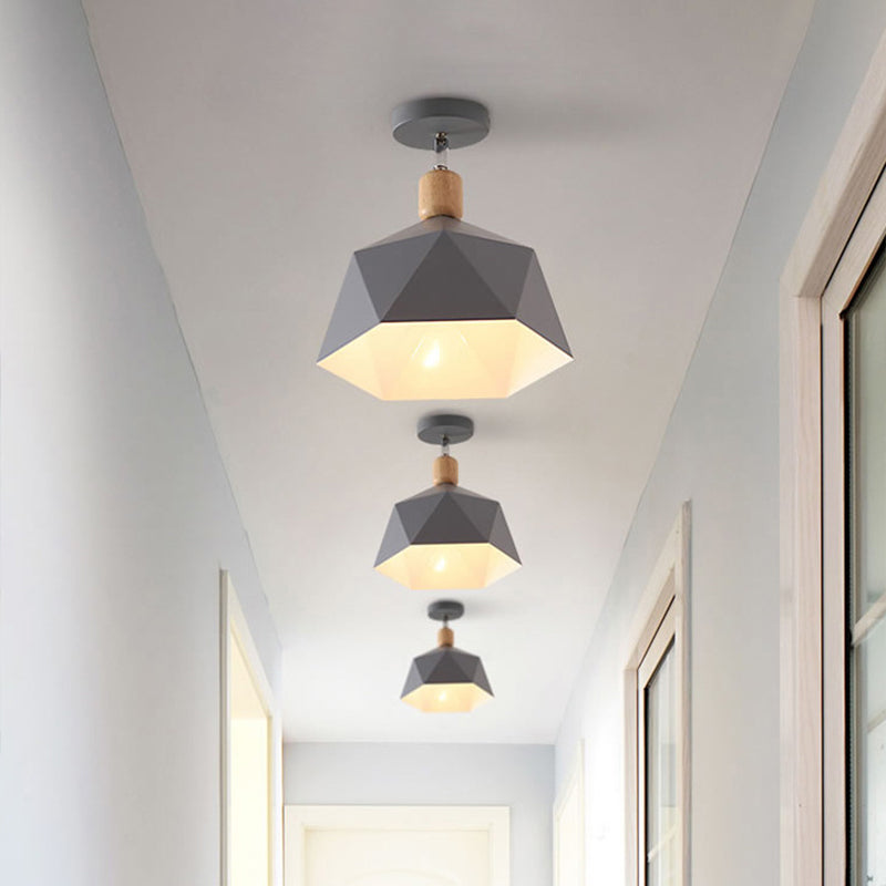 Polygon Corridor Semi Flush Light Metallic 1 Bulb Macaron Rotating Ceiling Mount Lamp in Green/Grey/White with Wood Accent