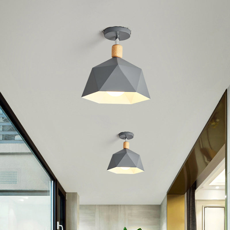 Polygon Corridor Semi Flush Light Metallic 1 Bulb Macaron Rotating Ceiling Mount Lamp in Green/Grey/White with Wood Accent