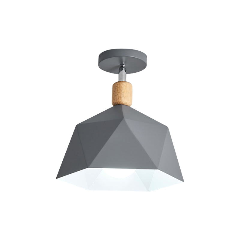 Polygon Corridor Semi Flush Light Metallic 1 Bulb Macaron Rotating Ceiling Mount Lamp in Green/Grey/White with Wood Accent