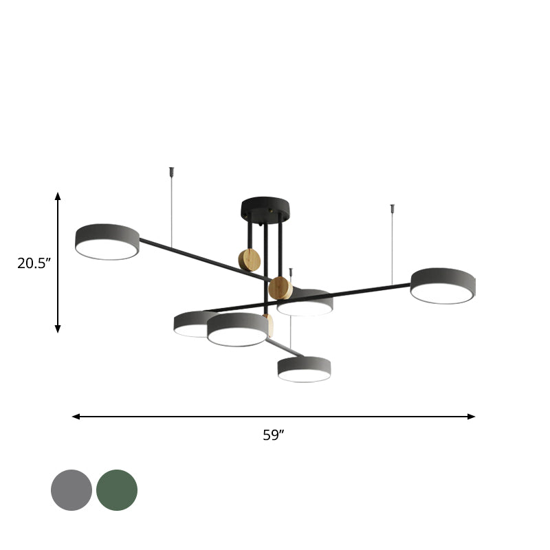 Branche lustre luminaire nordique métal 6 têtes lampe suspendue gris / verte avec décoration en bois, lumière chaude / blanche